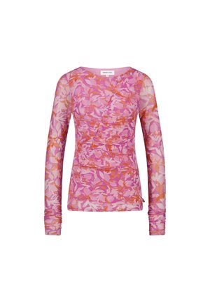 Long-sleeve top in sheer pink fabric with floral pattern in shades of pink, orange, and white. Features a wrap design with gathered sides.