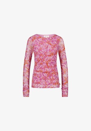 Long-sleeve top in sheer pink fabric with floral pattern in shades of pink, orange, and white. Features a wrap design with gathered sides.