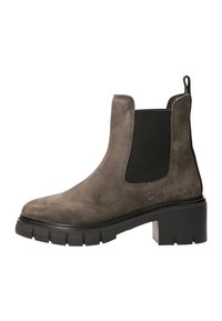Grå mocka Chelsea-boots med en kraftig svart gummisula, elastiska sidopaneler och en dragflik bak för enkel påtagning.