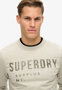 Lichtgrijze sweatshirt met een ronde hals, voorzien van een groot "SUPERDRY"-grafisch ontwerp en kleinere tekst eronder in donkergrijs, textuurstof.