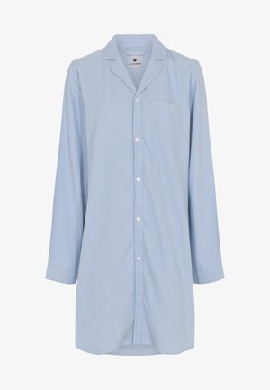 Lysblå stribet skjorte, lange ærmer, knaplukning foran, notch krave, enkelt brystlomme, lavet af blødt stof.