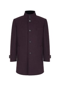 Płaszcz z wełny w głębokim burgundzie, z wysokim kołnierzem, pięcioma guzikami, kieszeniami po bokach oraz schludną, dopasowaną sylwetką.