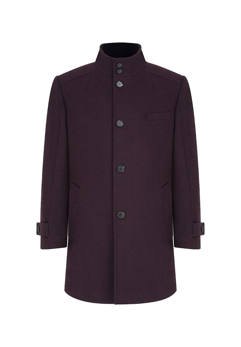 Płaszcz z wełny w głębokim burgundzie, z wysokim kołnierzem, pięcioma guzikami, kieszeniami po bokach oraz schludną, dopasowaną sylwetką.