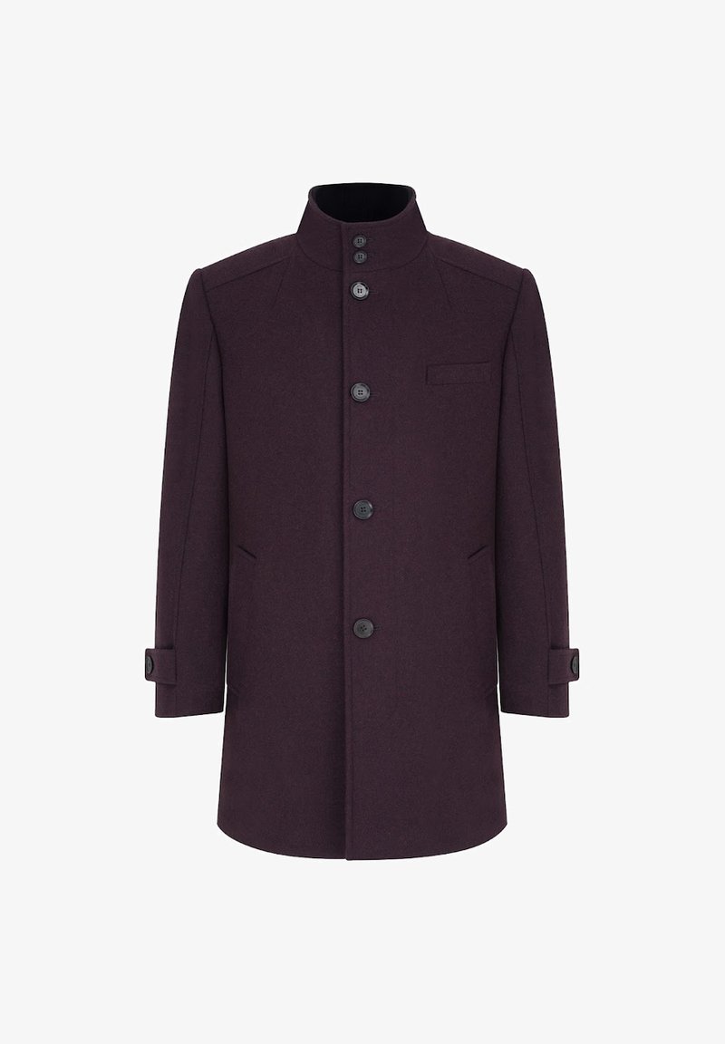 Płaszcz z wełny w głębokim burgundzie, z wysokim kołnierzem, pięcioma guzikami, kieszeniami po bokach oraz schludną, dopasowaną sylwetką.