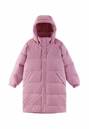 Pink padded coat with a hood, featuring side pockets and elastic cuffs. Smooth, matte finish with quilted sections for insulation.