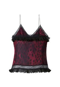 Satin majica s naramenicama u dubokom burgundcu s crnim leopard uzorcima. Sadrži delikatnu crnu čipkastu obrubu i nabore uz rub i oko vrata.