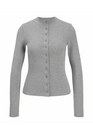 Grijze nauwsluitende cardigan met lange mouwen, een ronde hals en een knoopsluiting aan de voorkant met tien knopen.