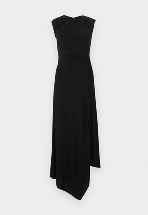 Robe maxi noire sans manches avec ourlet asymétrique et détail subtil froncé à la taille et à l'encolure.