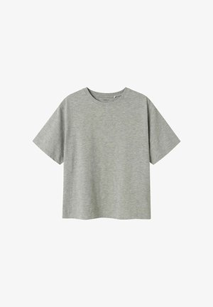 Grijze t-shirt met korte mouwen, voorzien van een ronde hals en subtiele textuurlettering aan de voorkant. Zacht, gemengd stof met een ontspannen pasvorm.
