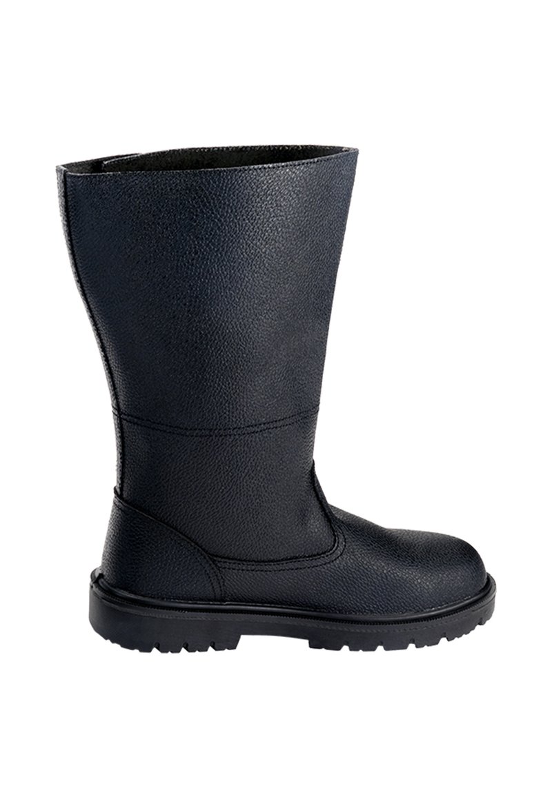 Botte noire texturée mi-mollet avec bout arrondi, coutures surpiquées et semelle épaisse crantée, vue de côté extérieur.
