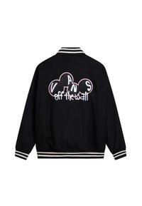 Czarna kurtka varsity z białym i różowym logo "VANS off the wall" na plecach, z paskowanymi mankietami i detalami na kołnierzu.