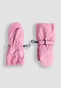 Růžové dětské rukavice vyrobené z voděodolné tkaniny, s hladkým povrchem, elastickými manžetami a bezpečným uzavřením pomocí sponky.