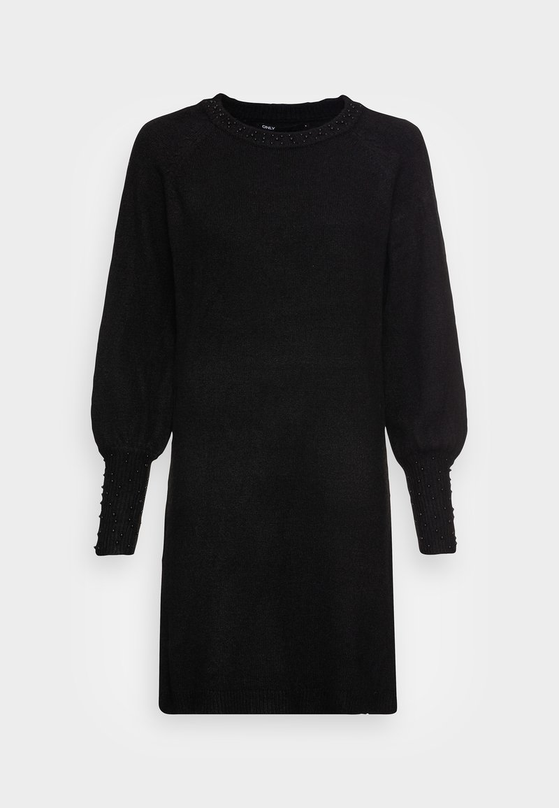 Abito in maglia nero a maniche lunghe con decorazioni in perline sul collo e sui polsini, caratterizzato da un design delle maniche leggermente gonfiate.