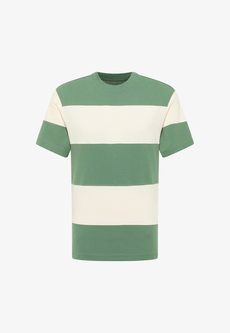 Green and cream striped t-shirt, short sleeves, crew neckline, made of cotton, featuring wide horizontal stripes and a soft texture.