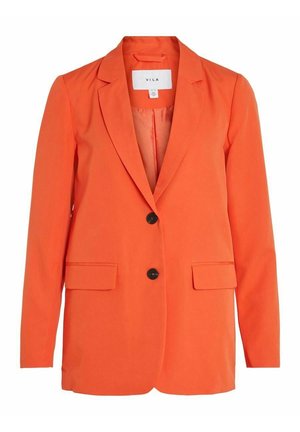 Blazer femenino naranja brillante con solapas con muesca, dos botones negros y bolsillos delanteros con solapa, con la etiqueta "VILA" en el interior del cuello.