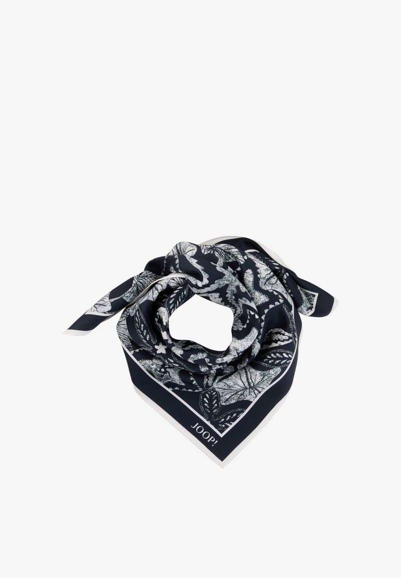 Seidiges quadratisches Halstuch mit marineblauen und weißen botanischen Blatt- und Blumenmustern, gefaltet, mit sichtbarem "JOOP!"-Logo in einer Ecke.