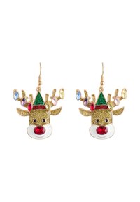 Gold-tone reindeer earrings feature glittery texture, colored gems for eyes and nose, red accents, green hat, and detailed antlers.