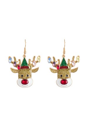 Gold-tone reindeer earrings feature glittery texture, colored gems for eyes and nose, red accents, green hat, and detailed antlers.
