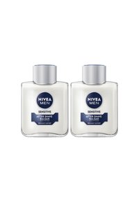Two clear plastic bottles of NIVEA Men Sensitive After Shave Balsam. Each has a silver cap and a white cream texture. Labels are blue and white.