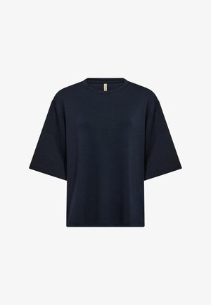 Tamnoplavi majica kratkih rukava sa opuštenim krojem, koja ima okrugli izrez i mekanu teksturu, napravljena od lagane pamučne tkanine.