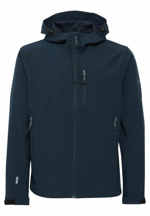 Granatowa kurtka softshell z kapturem, zapinanymi kieszeniami, regulowanymi mankietami oraz gładką, wodoodporną fakturą.