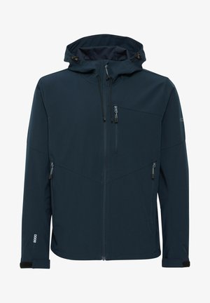 Marineblå softshell-jakke med hætte, lynlåslommer, justerbare manchetter og en glat, vandtæt overflade.