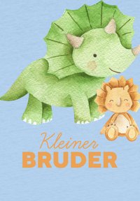 Un dinosaure vert avec une crête dans le dos à côté d'un lion assis, le tout dans un style aquarelle. Texte "Kleiner BRUDER" en orange en dessous.