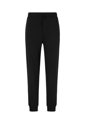 Pantalon de survêtement noir avec une taille à cordon de serrage, design à jambes fuselées, poignets côtelés et texture de tissu douce. Pas de motifs ni de détails en matériel.