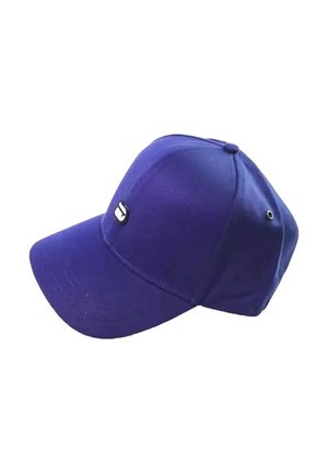 Casquette de baseball bleue avec une visière incurvée et un petit logo blanc et noir sur le panneau avant, présentée sur fond blanc.