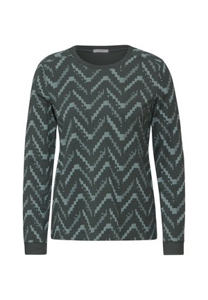 Dunkelgrüner Pullover mit langen Ärmeln und einem Zickzackmuster in Hellblau. Hergestellt aus strukturiertem Stoff mit Rundhalsausschnitt und enganliegenden Bündchen.
