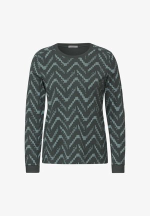 Maglione a maniche lunghe verde scuro con un motivo a zigzag blu chiaro. Realizzato in tessuto testurizzato con scollo rotondo e polsini aderenti.