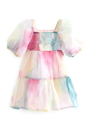 Kleid mit Puffärmeln aus transparentem, leichtem Stoff mit gestuftem Design und aquarellartigem Druck in Pastellfarben. Quadratischer Ausschnitt.