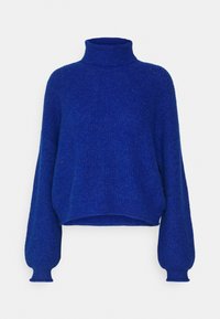 Maglione blu a collo alto lavorato a maglia con una vestibilità rilassata, maniche oversize e polsini a costine. Texture morbida e di media densità, adatto per essere indossato a strati.
