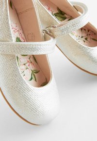 Silberne Ballerinas mit strukturiertem Material, ausgestattet mit einem doppelten Riemen und floral gemustertem Innenfutter. Glatte, abgerundete Zehenform.