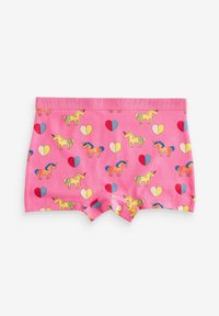 Boxer shorts de algodón rosa que presentan un estampado divertido de unicornios y corazones en amarillo, rojo y azul. Cintura elástica suave para mayor comodidad.