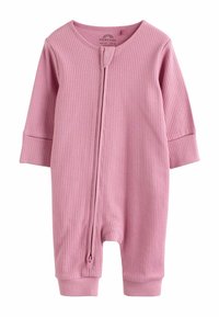 Ružové detské body s rebrovaným vzorom, dlhými rukávmi, predným zipsom a pletenými manžetami. Má okrúhly výstrih a nevykryté nohy. Mäkká textúra látky.