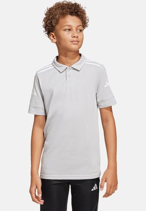 Hellgraues Poloshirt mit Kragen, Drei-Knopf-Verschluss und horizontalen Streifenakzenten an den Ärmeln. Aus atmungsaktivem Stoff gefertigt.