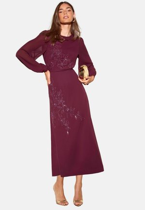 Friends Like These, FLORAL EMBELLISHED CHIFFON LONG SLEEVE MIDI DRESS - Cocktail dress / Party dress - burgundy red