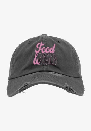 Black cotton cap featuring a distressed bill with pink embroidered text reading "Food & Friends." Classic baseball cap design.