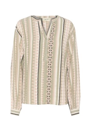 Cămașă cu mâneci lungi, având un pattern geometric în verde, roz și negru, cu decolteu henley și placket cu nasturi, fabricată dintr-un material ușor.