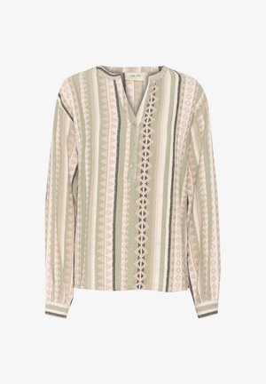 Hosszú ujjú ing zöld, rózsaszín és fekete geometrikus mintával, henley nyakkivágással és gombos panelekkel, könnyű anyagból készült.