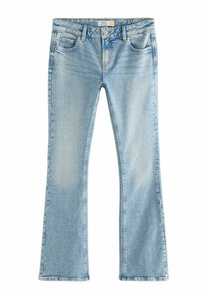 Lichtblauwe uitlopende jeans van denim, met een klassiek vijf-pocket ontwerp, subtiele vervaging en een rits met knoopsluiting.