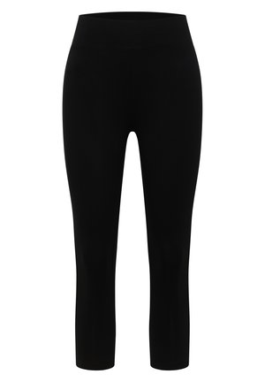 Schwarze High-Waist-Cropped-Leggings mit glattem Bund und schmaler Passform von der Taille bis zum Knöchel.