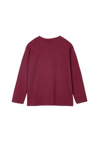 Burgunderfarbendes Langarmshirt aus weicher Baumwolle, mit Rundhalsausschnitt und geradem Schnitt, minimalen Nähdetails auf der Rückseite.