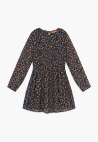 Blommig klänning med långa ärmar, marinblå bakgrund och små gula, rosa och blå blommor. Rynkad midja och sidodetaljer.