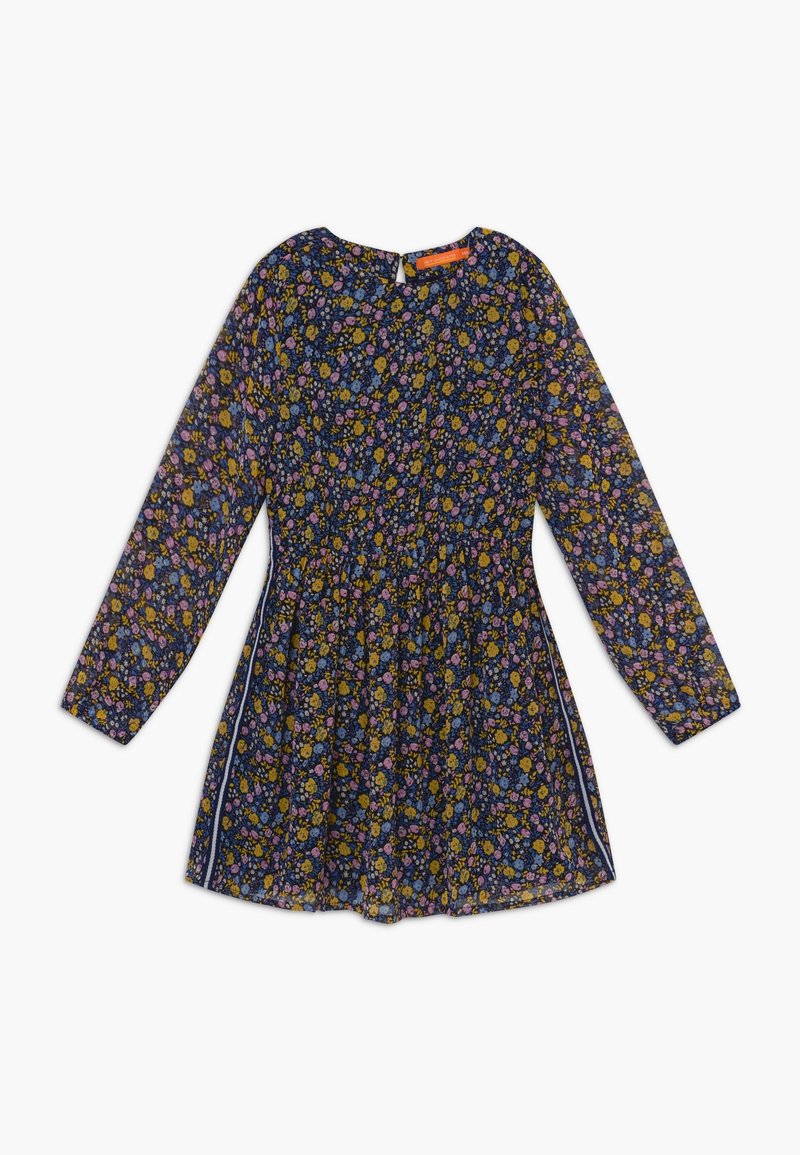 Blommig klänning med långa ärmar, marinblå bakgrund och små gula, rosa och blå blommor. Rynkad midja och sidodetaljer.