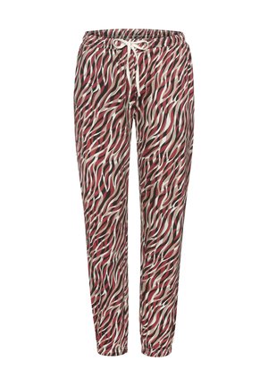 Pantaloni aderenti con un motivo ondulato rosso, nero e crema. Presentano una vita elastica con cordoncino e polsini elasticizzati alle caviglie.