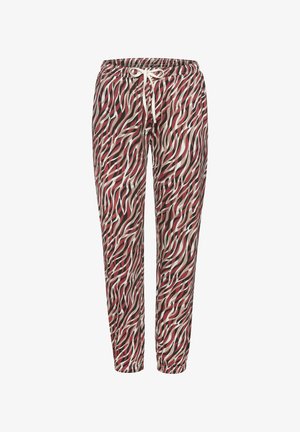 Hlače za istezanje u valovitom crvenom, crnom i kremastom uzorku. Imaju elastičnu traku u struku s čipkom i elastične manžete na gležnjevima.