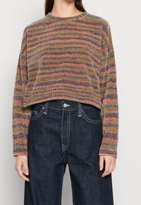 Multikleurige cropped trui met ribbelstructuur, voorzien van horizontale strepen in tinten oranje, blauw en groen. Gecombineerd met donkere spijkerbroek.