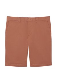 Pantaloni corti in cotone marrone con taglio dritto, dotati di tasche frontali, chiusura con bottone e cuciture pulite. Tessuto testurizzato con una finitura liscia.